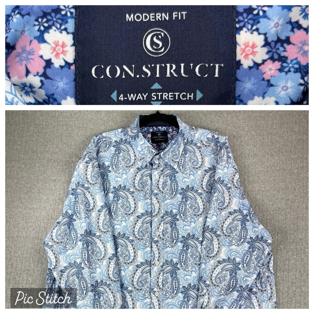 CON.STRUCT Paisley Modern Fit Blue Dress‎ Shirt Men XXL Button Up Flip Cuff